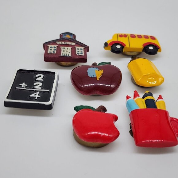 Vintage Set 7 School Teacher Apple Button Covers Books Pencil Ruler ABC Slate - Picture 2 of 3